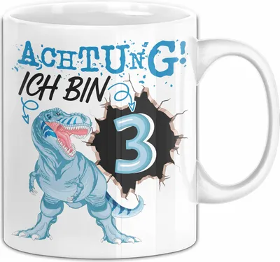 Produktbild von 3. Geburtstag Geschenk Tasse Becher Jungs Sohn T-Rex Geburtstagsgeschenk Dinosaurier Achtung Ich bin 3 (Weiß)
