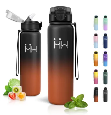 Produktbild von Trinkflasche Edelstahl 1L mit Strohhalm, auslaufsicher, Vakuum, Camping, Büro