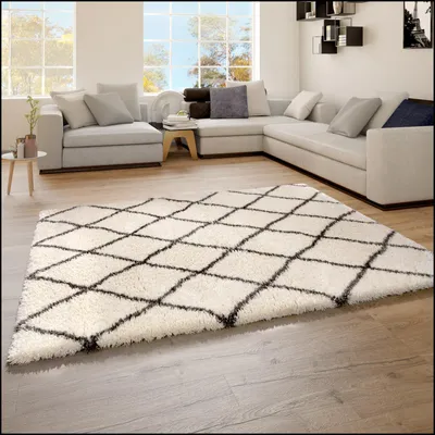 Produktbild von TT Home Teppich Hochflor Flokati Look Flauschig Shaggy Rauten Trend Creme Anthrazit Größe 80x150 cm