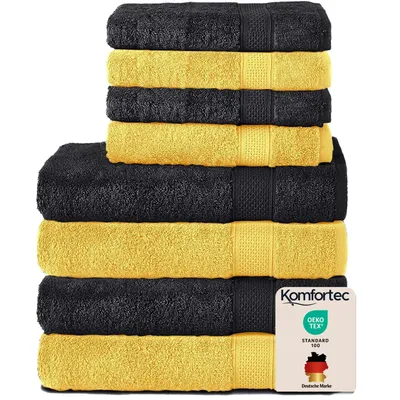 Produktbild von Komfortec 8er Handtuch Set aus 100% Baumwolle, 4 Badetücher 70x140 und 4 Handtücher 50x100 cm, Frottee , Weich,Groß, Schwarz/Gelb