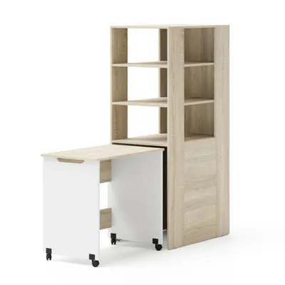 Produktbild von Schreibtisch SAMOA FUJI - SONOMA EICHE / WEIß - Regal mit ausziehbarem Schreibtisch auf Rollen 165 cm
