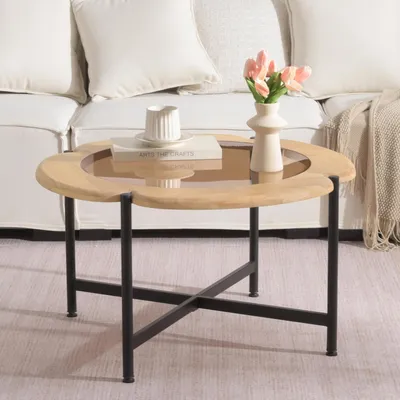 Image de Table basse ronde en bois et verre, diamètre 80 cm, hauteur 45 cm, finition bois