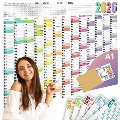 Produktbild von Jahresplaner Wandkalender 2026 - DIN A1 Wandplaner - Großer XXL Jahreskalender gefaltet - mit Feiertage und Schulferienübersicht