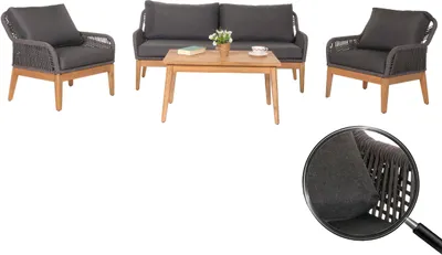 Produktbild von Gartengarnitur MCW-H56b, Lounge-Set Gartenlounge Sofa Sessel Tisch, Seilgeflecht Rope Holz Akazie dunkelgrau