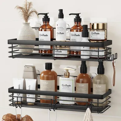 Image de Étagère de douche sans perçage, en acier inoxydable, noire, avec 2 pièces et crochets