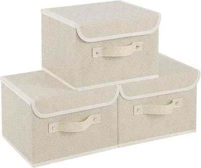 Produktbild von PolkaHome® 3er Set Stoffboxen mit Deckel & Griff – Aufbewahrungsboxen faltbar, Beige, 33x23x20 / 38x25x25 / 26x20x17 cm