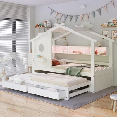 Produktbild von Flieks Kinderbett Hausbett mit Ausziehbett 90x190cm, Holzbett Kinder Einzelbett mit Led und Ladestation, Kinderbett mit Schubladen und Ablagen, Weiß