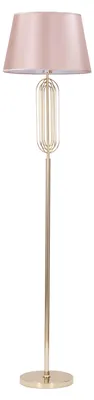 Imagen del producto de Lámpara de pie Ovy: Lámpara de pie con casquillo E27, fabricada en metal dorado y con pantalla de tela rosa, de Ø 40 x 168,5 cm. Estilo glamuroso