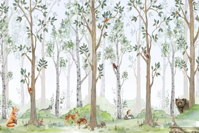 Produktbild von Deco-Wall | Viles Fototapete- Kinderzimmer | Wald, Bäume, Waldtiere | 300x200 cm | Wandtapete | Wandsticker für Kinder