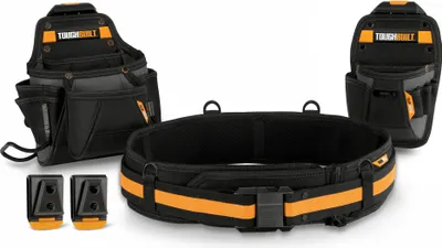 A set of tool belts and accessories is displayed against a white background.