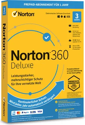 Produktbild von Norton 360 Deluxe - 3 Geräte 1 Jahr 2025 - Antivirenprogramm mit Firewall -  PC / Mac / iOS / Android - Download - ESD