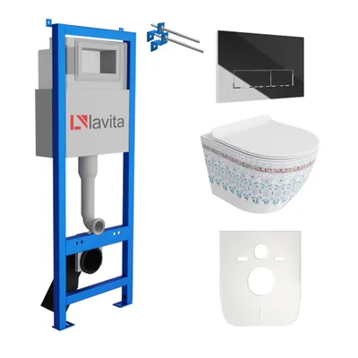 Produktbild von Lavita LAV 101 Vorwandelement für WC 40cm + Wand Hänge Tiefspül WC SOFI SLIM FOLKLOR Spülrandlos + Bedienplatte LAV 200.3.2 Verchromt  | Komplettset | Unterputz Spülkasten | Toilette Komplett Sett