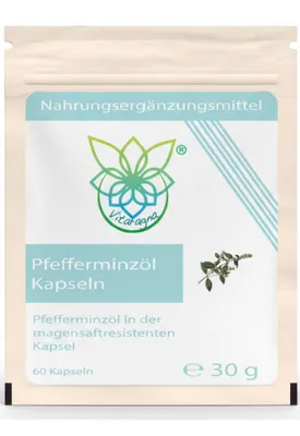 Produktbild von VITARAGNA® Eden Care Pfefferminzöl Kapseln 60, besonders gute Verträglichkeit durch magensaftresistente Kapseln