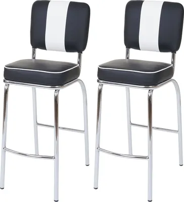 Two black and white retro-style bar stools on a white background.