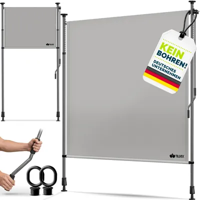 Zdjęcie produktu dla markiza zaciskowa tillvex® markiza pionowa 120x310cm szara z korbą ręczną bez wiercenia | osłona prywatności wysuwana i nieprzezroczysta | markiza pionowa balkon taras ogród | osłona prywatności roleta odporna na warunki atmosferyczne