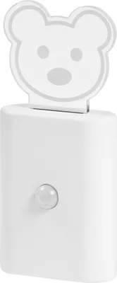 A white LED night light with a cartoon bear design on top and a motion sensor on the front.