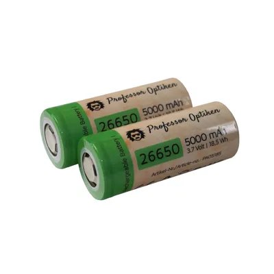 Produktbild von Professor Optiken 2er-Set Lithium-Ionen-Akku - Typ: 26650, 3,7 Volt mit 5000 mAh Hochleistungs-Akku für Taschenlampen und e-Zigaretten (Vape)