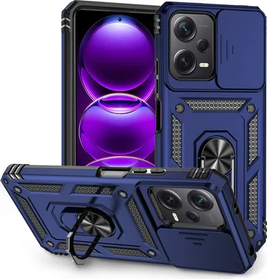 Image de Xiaomi Redmi Note 12 5G étui double couche avec couvercle coulissant pour l'appareil photo et anneau de support bleu