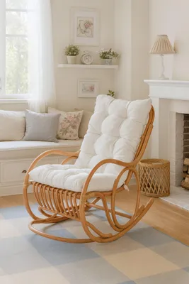 A cozy living room scene with a rocking chair, bench, and fireplace.