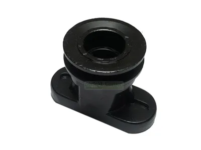 A black plastic part with a flange and a circular opening at the top, isolated on a white background.