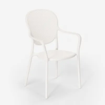 A white plastic chair with armrests is shown against a white background.