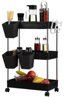 Produktbild von Servierwagen auf Rollen, Küchenwagen, schmaler Rollwagen, 3 Ablagen, Aufbewahrungswagen, 3 Hängebecher für Küche, Bad, Schlafzimmer, Büro, schwarz