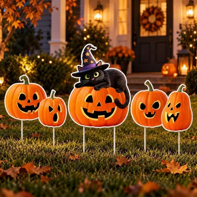 Produktbild von Halloween Gartendeko 3er Set Schwarze Katzen Kürbis Gartenstecker Kunststoff