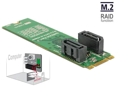 Produktbild von DeLOCK 62961, M.2, SATA, Grün, Asmedia ASM1092R, 6 Gbit/s, 0, 1, JBOD