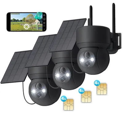 Produktbild von 3 Stück 4G LTE Überwachungskamera Aussen Solar mit SIM Karte 2K HD PTZ Kabellos Kamera Ohne WLAN Outdoor Akku Farb Nachtsicht PIR Erkennung