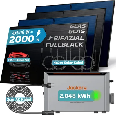 Produktbild von SUNNIVA® 2000W Balkonkraftwerk mit 2,048 kWh Speicher Jackery HomePower 2000 Ultra, BIFAZIAL FULLBLACK komplett Steckdose, PV Solaranlage Komplettset
