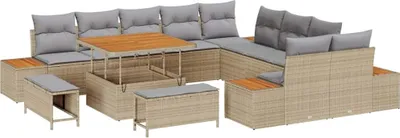 Immagine prodotto di Set divano da giardino vidaXL con cuscini e contenitore, 13 pezzi, beige, in polyrattan