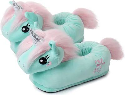 Produktbild von Corimori Süße Plüsch Hausschuhe (10+ Designs) Einhorn „Jade“ Slipper Einheitsgr. 34-44 Uni Pantoffeln Mint Rosa Silber
