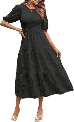Produktbild von Damen Sommerkleid 2024 mit Puffärmeln, Gesmokt, Blumenmuster, Rundhalsausschnitt, Spitze, Fließend, Gestuftes Midikleid