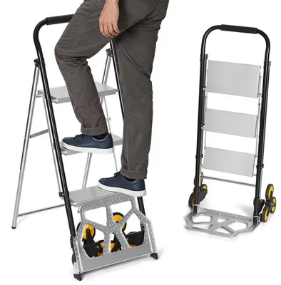 Immagine prodotto di Ikodm, carroponte 2 in 1 con scala pieghevole a 3 gradini e carrello trasportatore pieghevole, capacità di carico: 80 kg (carrello), 150 kg (scala), colore: nero e argento