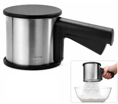 Produktbild von 2-fach Deckel Mehlsieb aus Edelstahl, feines Puderzuckersieb mit Einhandbedienung, Backhelfer zum Sieben von Mehl, Zucker und Gewürzen