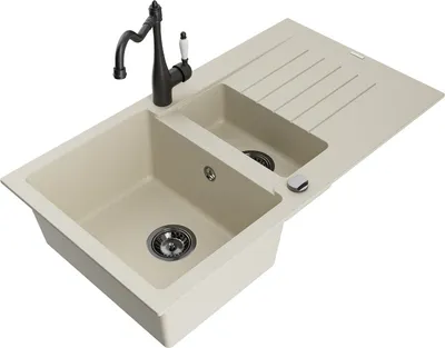 Produktbild von Mexen Matias 1,5-Becken-Granitspüle mit Abtropffläche und Mischbatterie Carla, Beige - 6502-69-670700-70