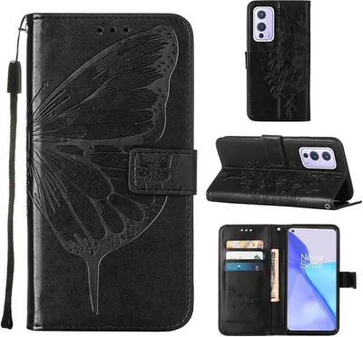 Produktbild von OnePlus 9 Hülle, Schmetterling Prägung Flip Leder Kartenfächer Schutzhülle Ledertasche mit Ständer für OnePlus 9 Schwarz