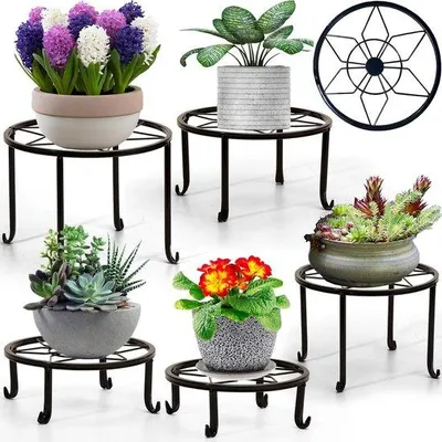 Image de Support rond en métal pour plantes, lot de 5, noir