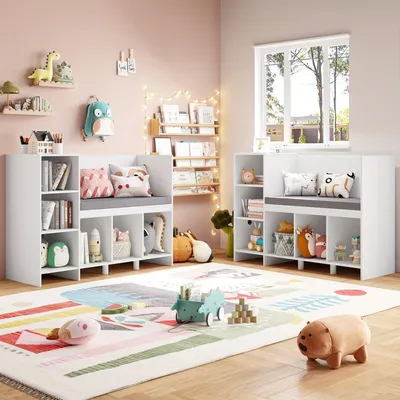 Image de Bibliothèque - Étagères - Meuble de rangement - Rangement pour jouets - Banc - Blanc - 80,5 x 40 x 110 cm - 6 compartiments de rangement