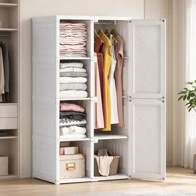 Produktbild von INONEFT Kleiderschrank mit 6 magnetische Türen und Kleiderstange, Faltbarer Mehrzweckschrank, Garderobenschrank für Wohnzimmer Schlafzimmer, Weiß