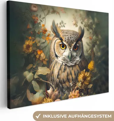 Produktbild von MuchoWow® - Leinwandbilder - Eule - Vögel - Blumen - Natur, Wandbild, Wanddeko Bilder Wohnzimmer, 120x90cm