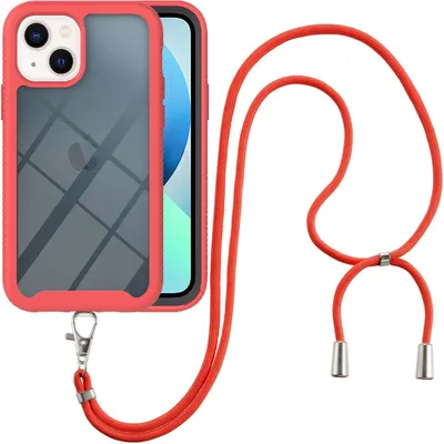 Produktbild von iPhone 14 Plus Handykette Hülle, Transparente TPU Bumper Ganzkörper Schutzhülle mit Kordel zum Umhängen Necklace Schlüsselband für iPhone 14 Plus Rot