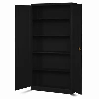 A black metal cabinet with its doors open, revealing multiple shelves.