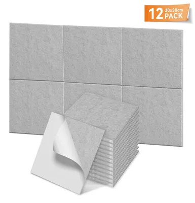 Obrázok produktu pre Akustické panely – zvukovoizolačné panely na steny a stropy – polyester – samolepiace – 30 x 30 cm – balenie po 24 kusov – svetlosivá farba