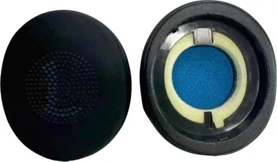 Two ear pads for headphones are shown against a white background. One ear pad is shown from the outside, and the other is shown from the inside.