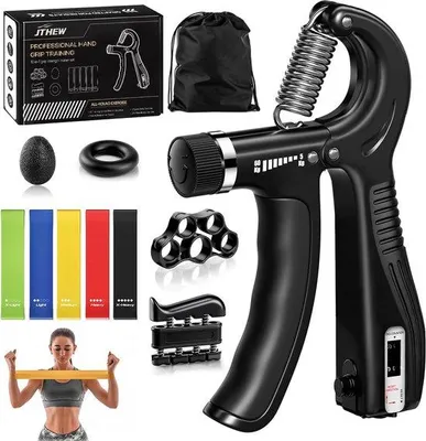 Produktbild von Handtrainer-Set (10-teilig) – Verstellbarer Handgripper, Fingerdehnungsgerät, Griffring, Stressball und 5 Widerstandsbänder zum Muskelaufbau