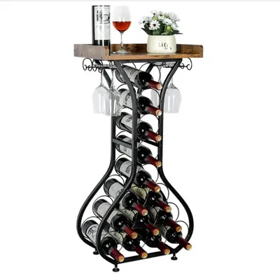 Image de Étagère à vin sur pied - Mini-bar autoportant - Porte-bouteilles avec supports pour verres - Plateau en bois pour bar à la maison - Noir