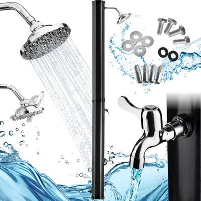 A collage of images showing a black solar shower with a faucet, shower heads, and water splashing.