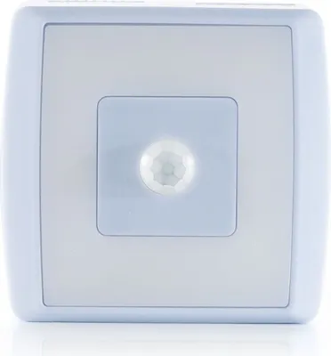 A close-up studio shot of a white and light blue night light with a motion sensor.