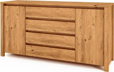 Produktbild von Kommode Tinci aus Wildeiche massiv 150x45x77 mit 2 Türen 4 Schubladen Holzbeinen